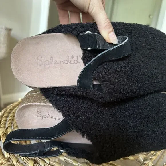 Splendid Clarissa Slipper Women's 8.5 Black Faux Shearling Slingback Cork Shoe - Picture 8 of 11